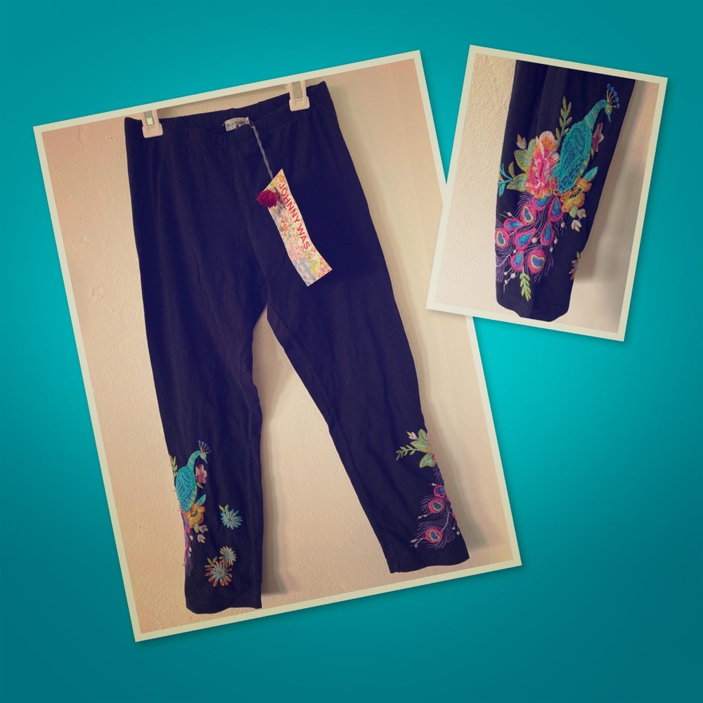 Johnny Was Black Leggings with Multicolor Embroidered Peacock